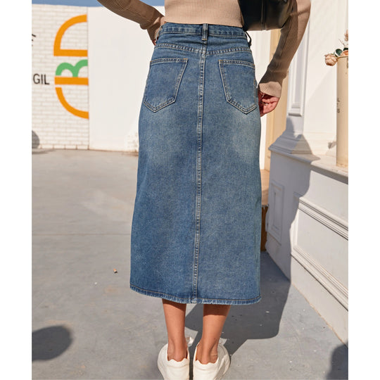 Denimkjolar - Vintage lång jeanskjol med slitsar i mitten - blå - Perfekt för vår och sommar