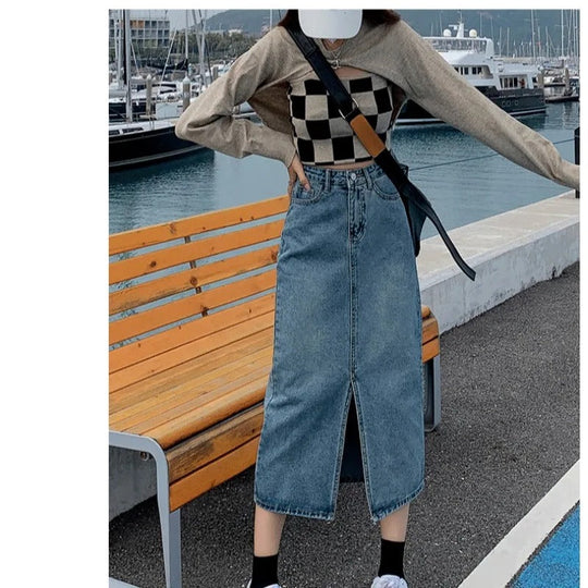 Denimkjolar - Lång kjol med hög midja med mittslitsar - Blå - Perfekt för våren och sommaren