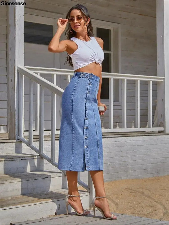 Denimkjolar - knäppning Sidodelad hög midja - Perfekt för vår och sommar