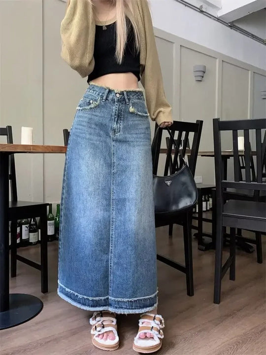 Denimkjolar - hög midja lång kjol med patchwork nertill - Perfekt för vår och sommar