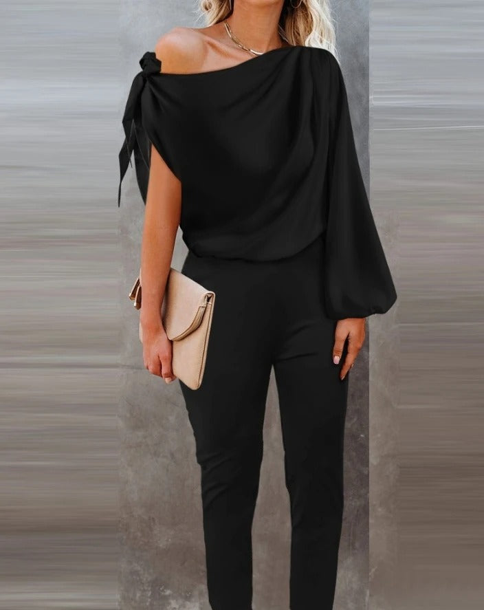 Svart Bekväm byxa Jumpsuit med asymmetrisk hals