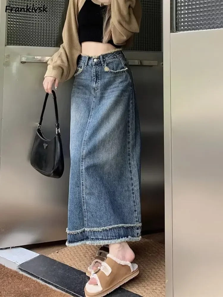Denimkjolar - hög midja lång kjol med patchwork nertill - Perfekt för vår och sommar