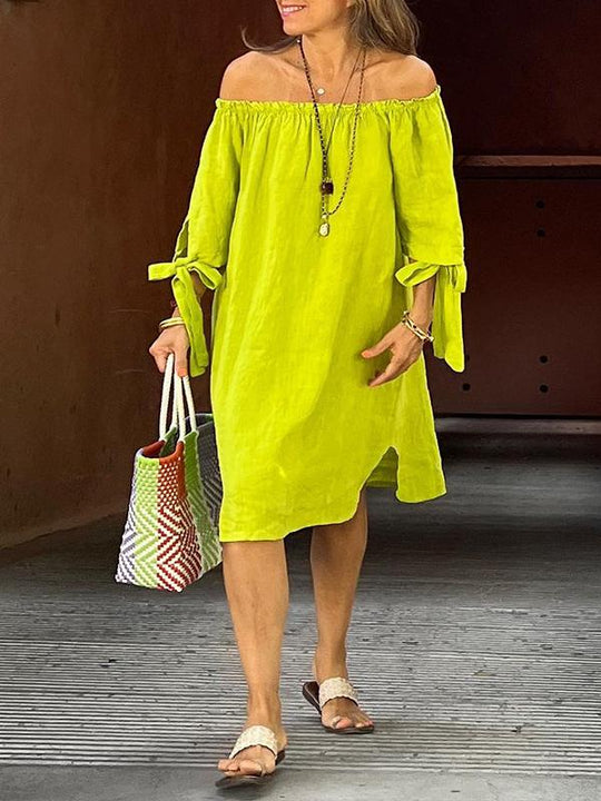 Sommar miniklänning - Lös passform, bomullslinne, off shoulder medellång ärm