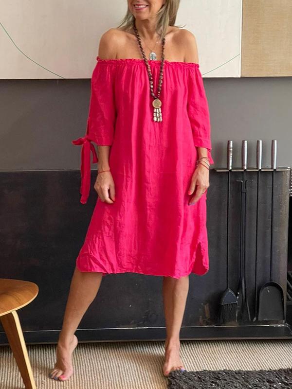 Sommar miniklänning - Lös passform, bomullslinne, off shoulder medellång ärm