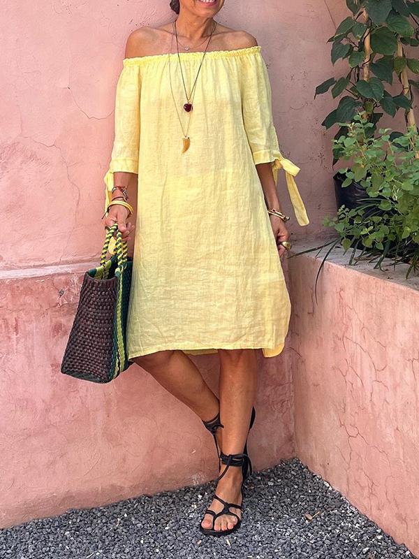 Sommar miniklänning - Lös passform, bomullslinne, off shoulder medellång ärm