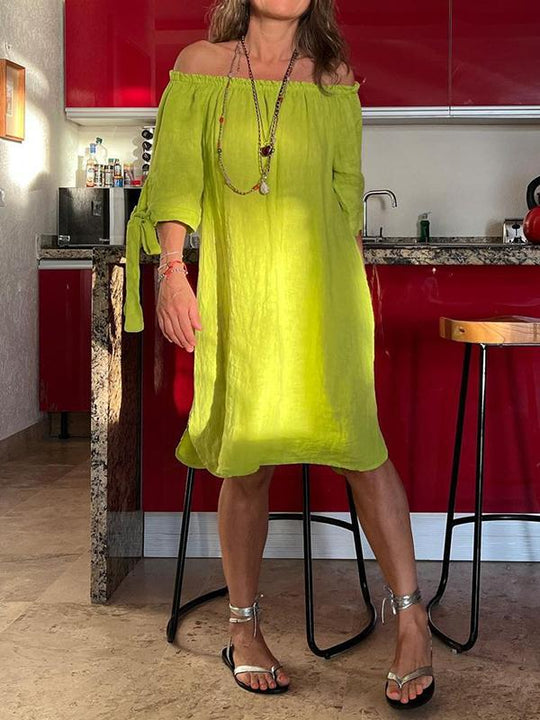 Sommar miniklänning - Lös passform, bomullslinne, off shoulder medellång ärm