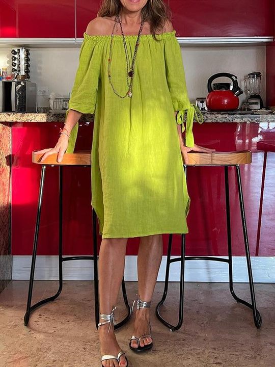 Sommar miniklänning - Lös passform, bomullslinne, off shoulder medellång ärm