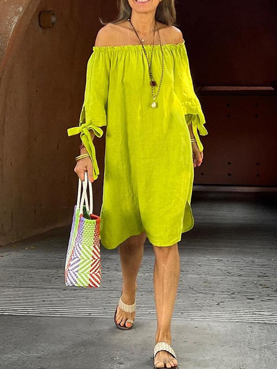 Sommar miniklänning - Lös passform, bomullslinne, off shoulder medellång ärm