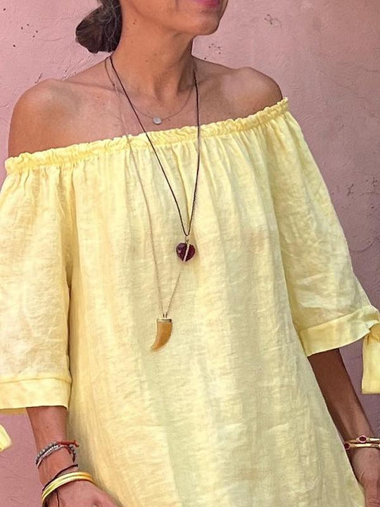 Sommar miniklänning - Lös passform, bomullslinne, off shoulder medellång ärm