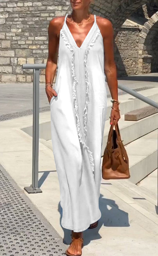 Summer Maxi Dress - Ärmlös klänning i denim med tunna axelband och v-ringning