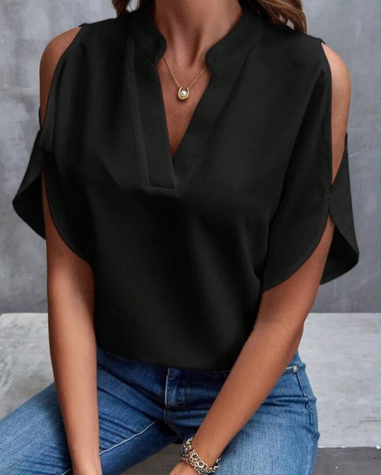 V hals off shoulder chiffongblus i enfärgad för kvinnor