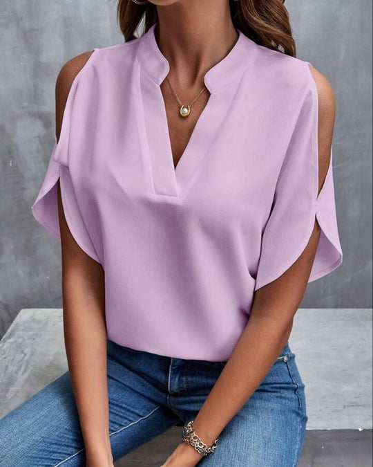 V hals off shoulder chiffongblus i enfärgad för kvinnor