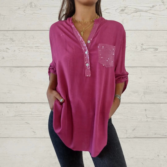 Jannicke Patchwork Skjorta med paljetter och V-ringning i patchwork-look