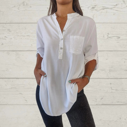 Jannicke Patchwork Skjorta med paljetter och V-ringning i patchwork-look