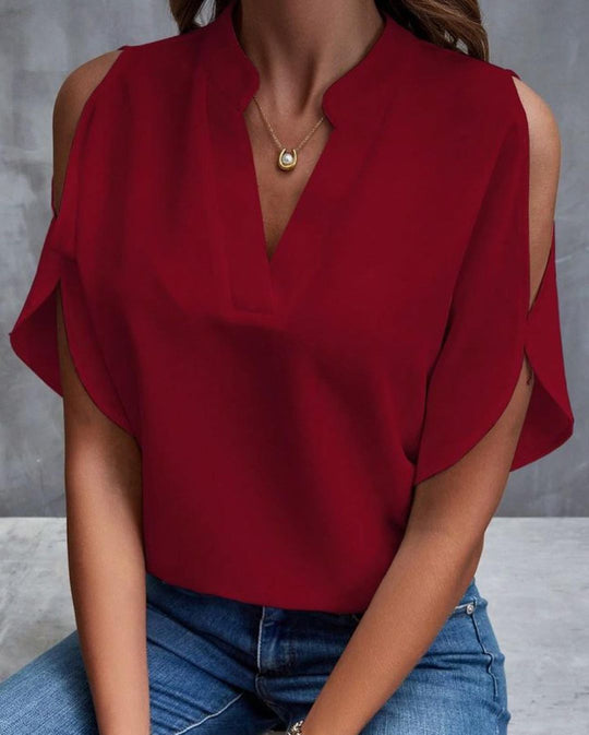V hals off shoulder chiffongblus i enfärgad för kvinnor
