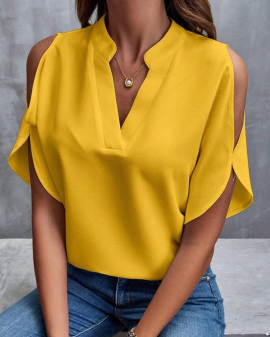 V hals off shoulder chiffongblus i enfärgad för kvinnor