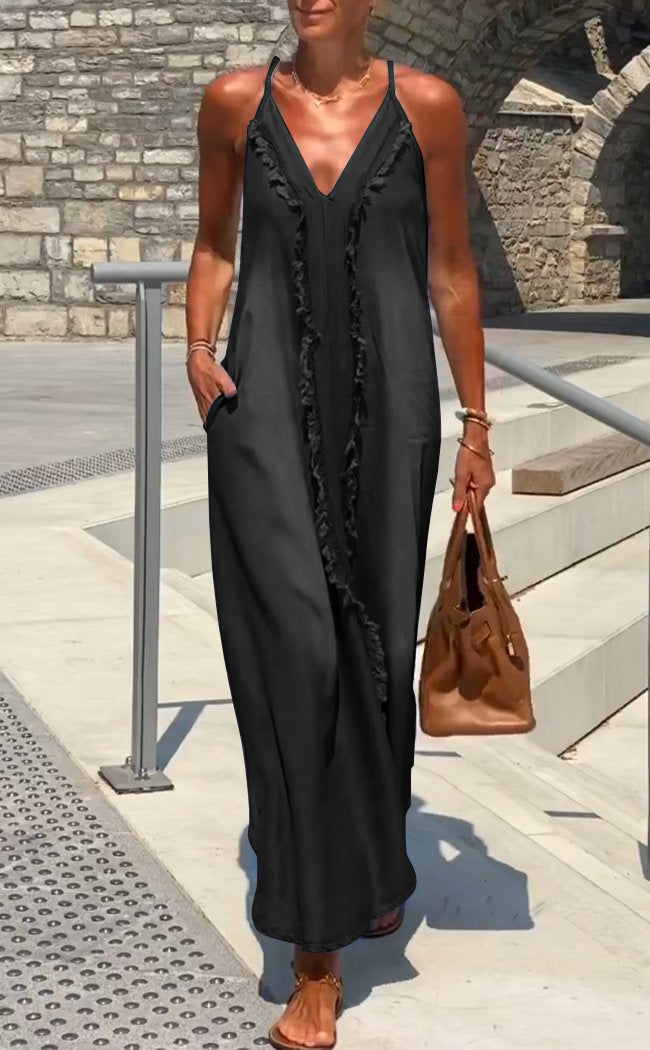 Summer Maxi Dress - Ärmlös klänning i denim med tunna axelband och v-ringning