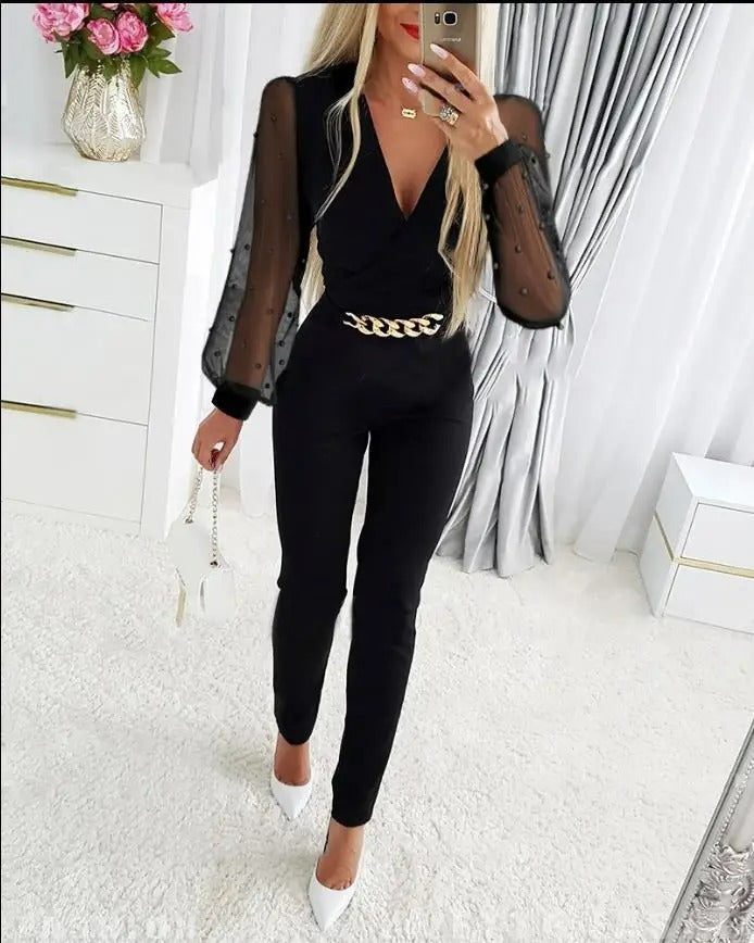 Elegant svart smal byxa Jumpsuit med ihåligt tryck