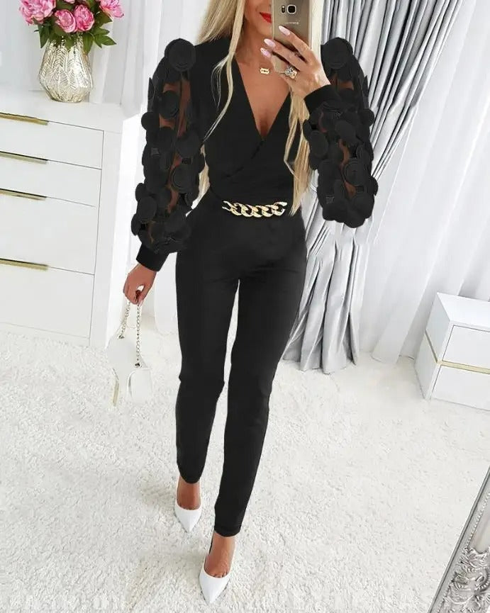 Elegant svart smal byxa Jumpsuit med ihåligt tryck
