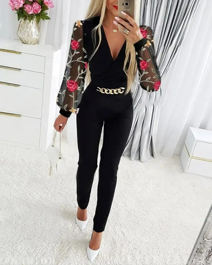 Elegant svart smal byxa Jumpsuit med ihåligt tryck