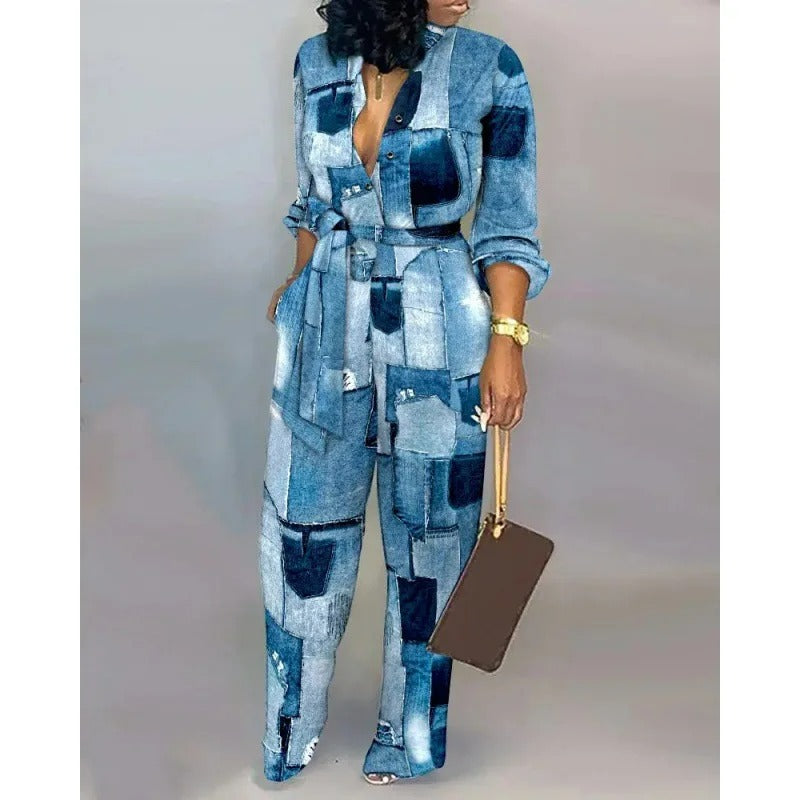 Jumpsuit i business-stil med patchworkmönster, bälte och byxor i fleece