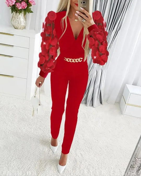 Elegant svart smal byxa Jumpsuit med ihåligt tryck