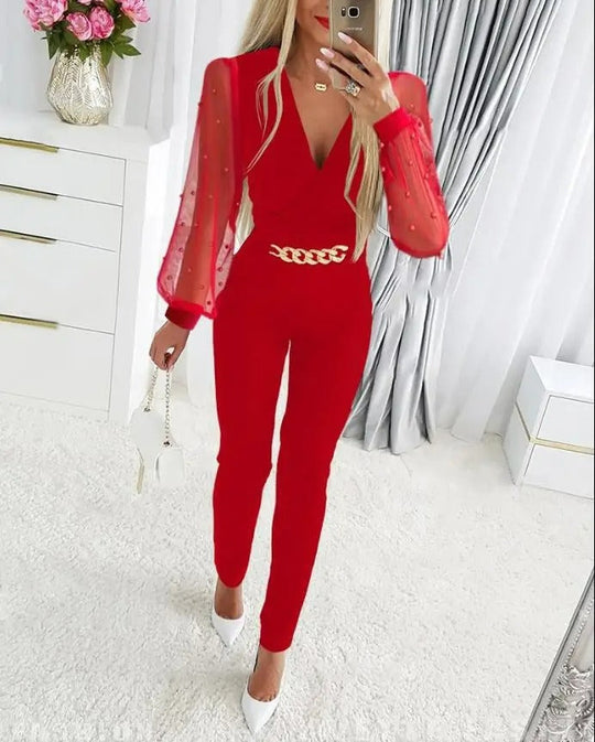 Elegant svart smal byxa Jumpsuit med ihåligt tryck