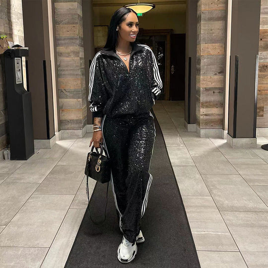 Casual Solid Sequins Dragkedja Turn-down krage Långärmad Tvådelad Set