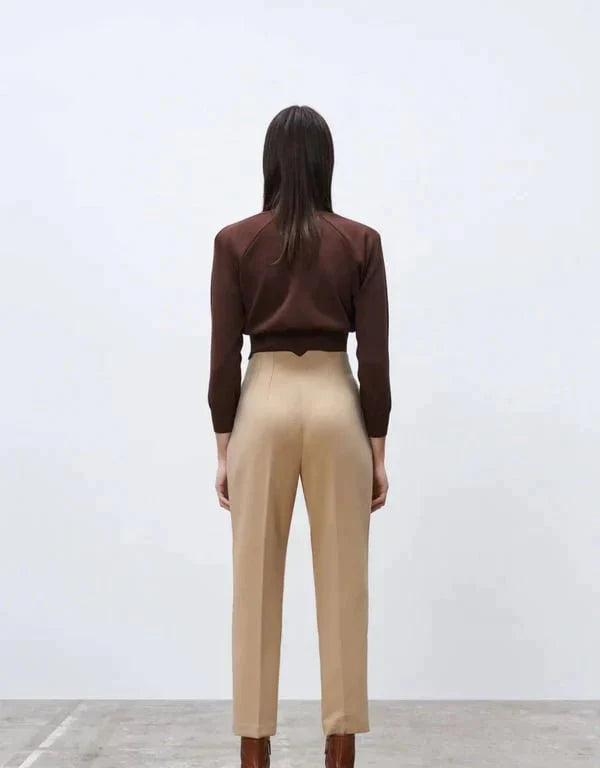 Beige -Snygga veckade byxor med hög midja™