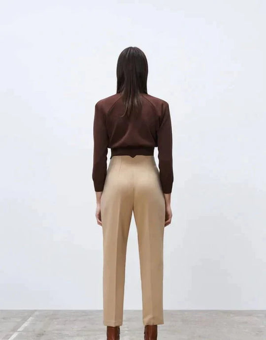 Beige -Snygga veckade byxor med hög midja™