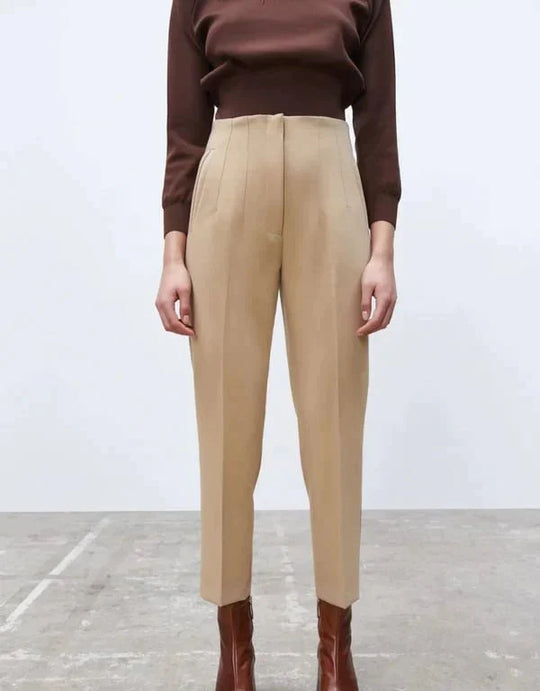 Beige -Snygga veckade byxor med hög midja™