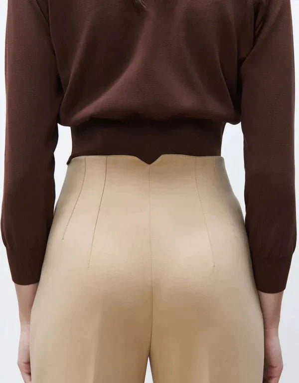 Beige -Snygga veckade byxor med hög midja™